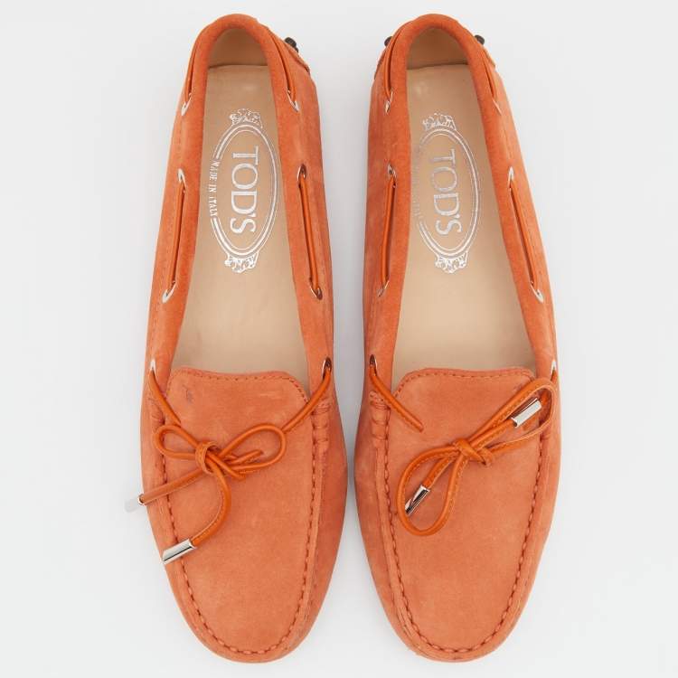 Pre Owned Tod's Orange Suede Bow Slip On Loafers Size 38