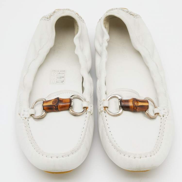 Pre Owned Gucci White Leather Bamboo Driving Loafers Size 38