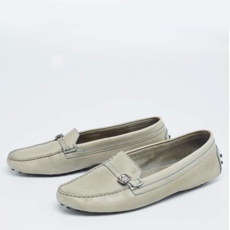 Pre Owned Tod's Olive Green Leather Slip On Loafers Size 39.5