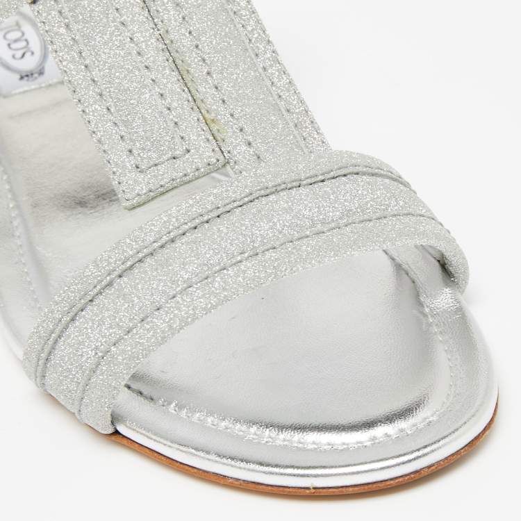 Pre Owned Tod's Silver Glitter Double T Strap Flat Slides Size 36