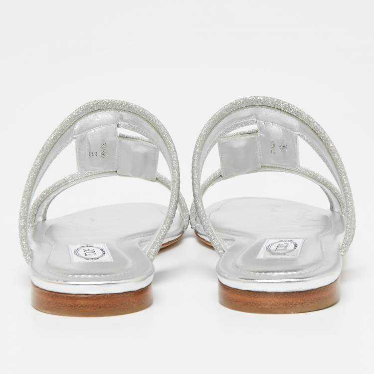 Pre Owned Tod's Silver Glitter Double T Strap Flat Slides Size 36