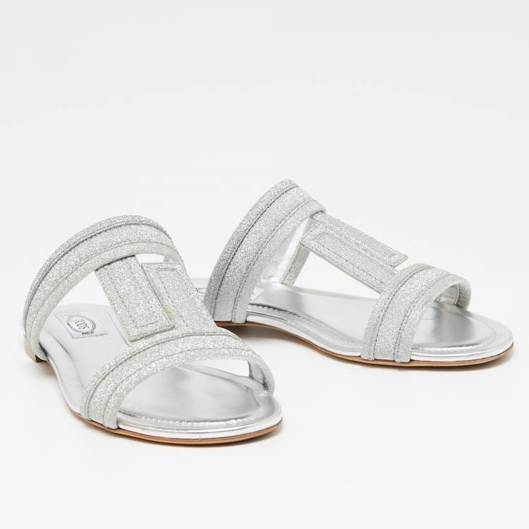 Pre Owned Tod's Silver Glitter Double T Strap Flat Slides Size 36