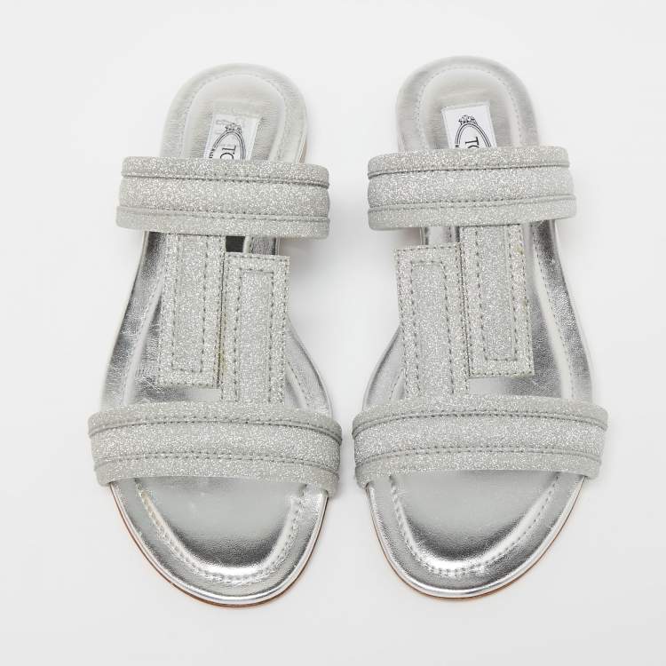 Pre Owned Tod's Silver Glitter Double T Strap Flat Slides Size 36