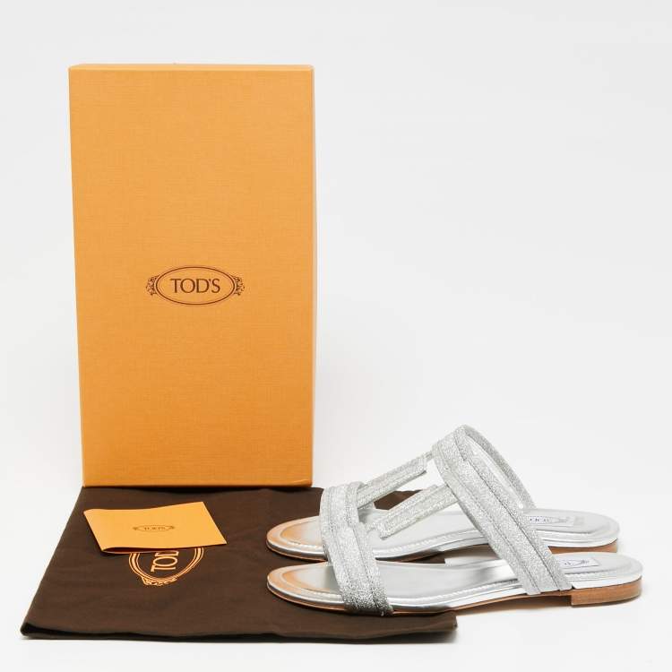 Pre Owned Tod's Silver Glitter Double T Strap Flat Slides Size 36