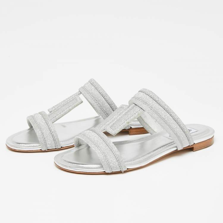 Pre Owned Tod's Silver Glitter Double T Strap Flat Slides Size 36