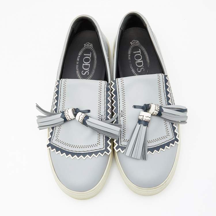 Pre Owned Tod's Grey Leather Tassel Slip On Sneakers Size 38