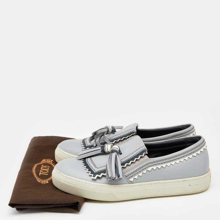 Pre Owned Tod's Grey Leather Tassel Slip On Sneakers Size 38