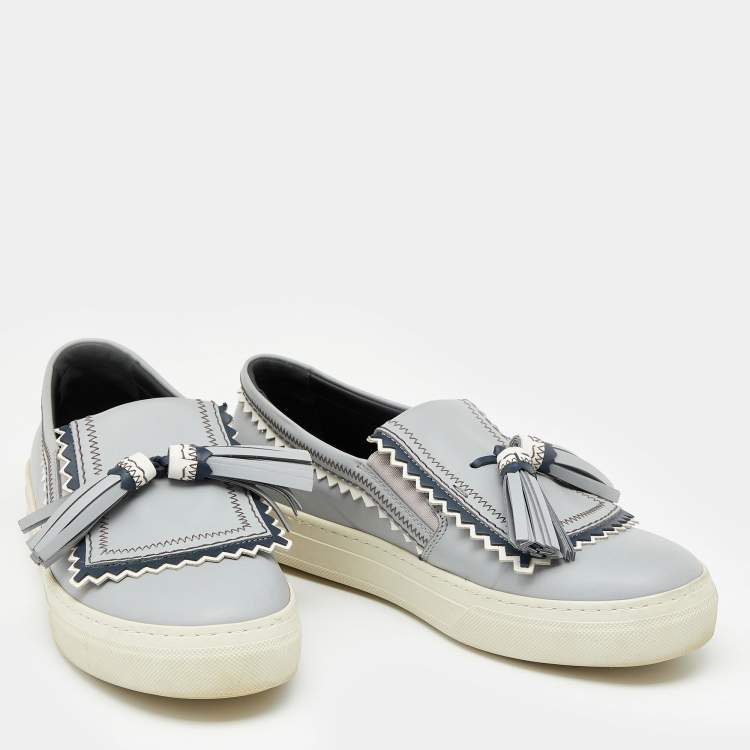 Pre Owned Tod's Grey Leather Tassel Slip On Sneakers Size 38