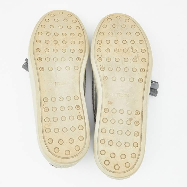 Pre Owned Tod's Grey Leather Tassel Slip On Sneakers Size 38