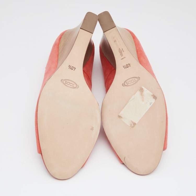 Pre Owned Tod's Coral Suede Peep Toe Wedge Pumps Size 40.5