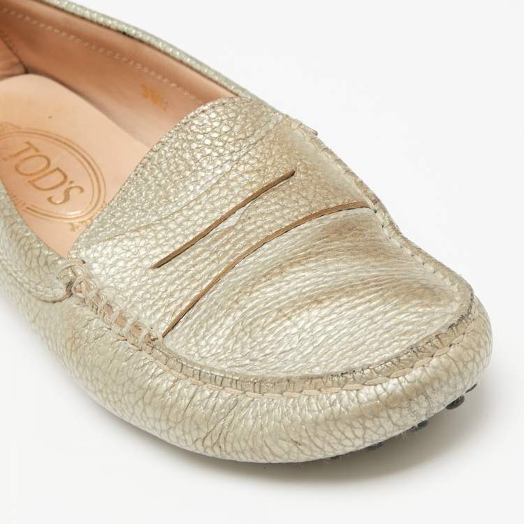 Pre Owned Tod's Metallic Grey Leather Penny Loafers Size 36.5
