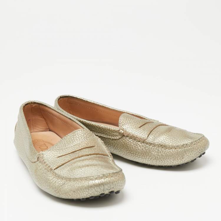 Pre Owned Tod's Metallic Grey Leather Penny Loafers Size 36.5