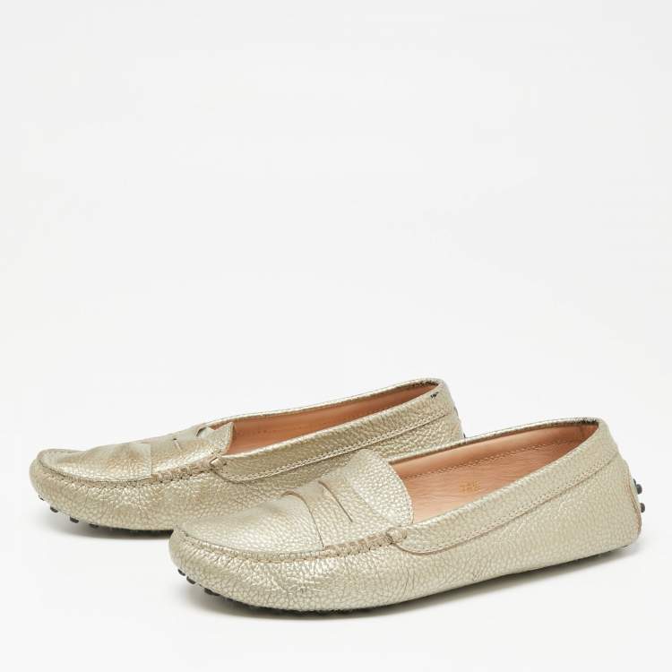 Pre Owned Tod's Metallic Grey Leather Penny Loafers Size 36.5