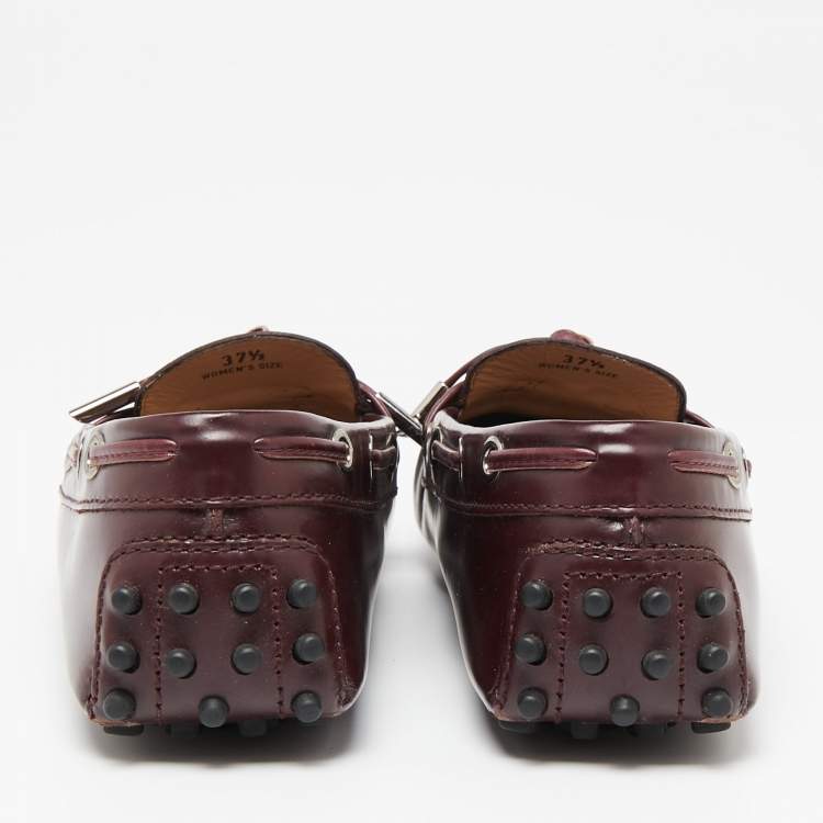 Pre Owned Tod's Burgundy Leather Bow Slip-On Loafers Size 37.5