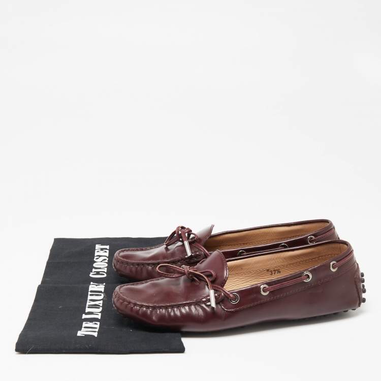 Pre Owned Tod's Burgundy Leather Bow Slip-On Loafers Size 37.5