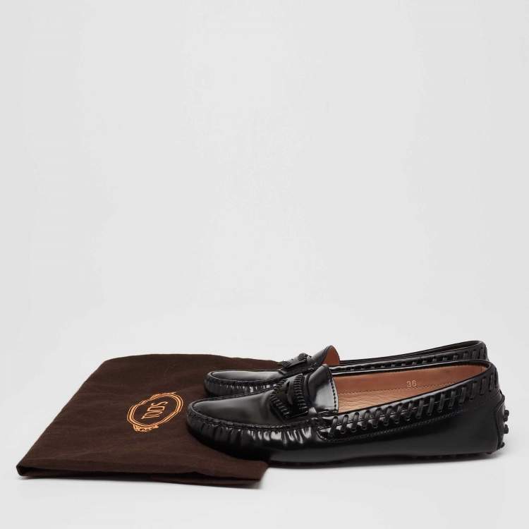 Pre Owned Tod's Black Glossy Leather Whip Stitch Detail Penny Loafers Size 36