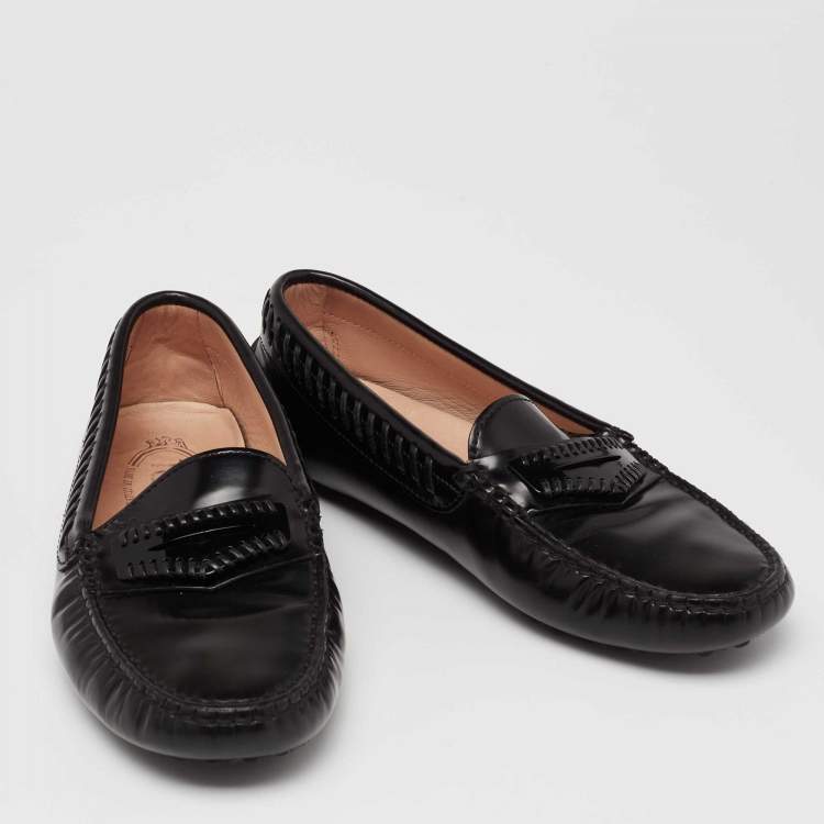 Pre Owned Tod's Black Glossy Leather Whip Stitch Detail Penny Loafers Size 36