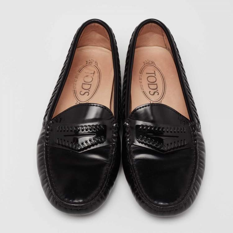 Pre Owned Tod's Black Glossy Leather Whip Stitch Detail Penny Loafers Size 36