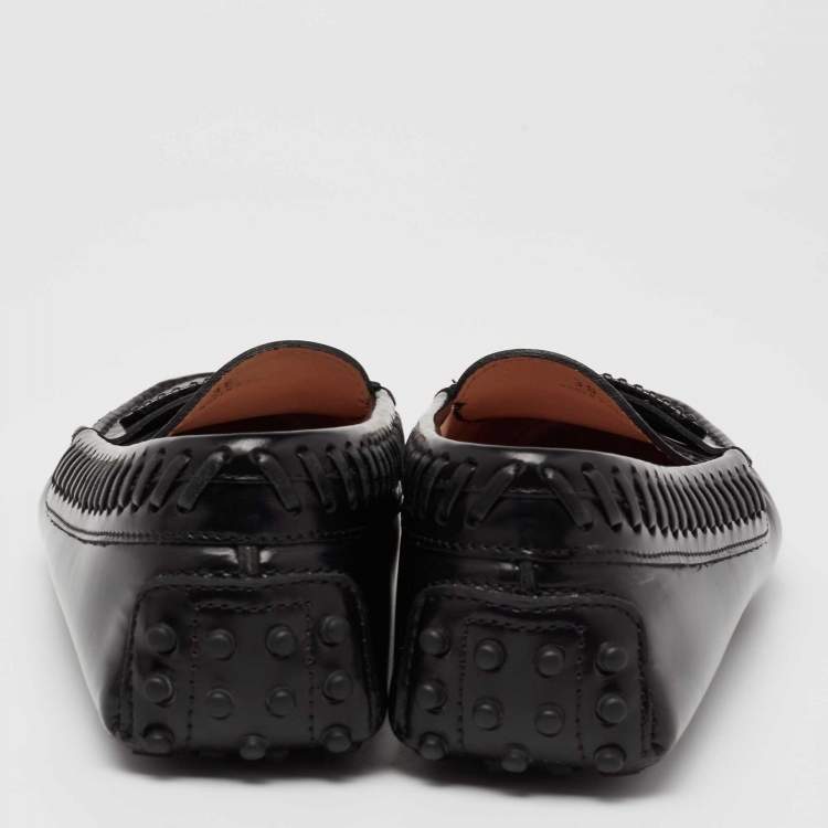 Pre Owned Tod's Black Glossy Leather Whip Stitch Detail Penny Loafers Size 36