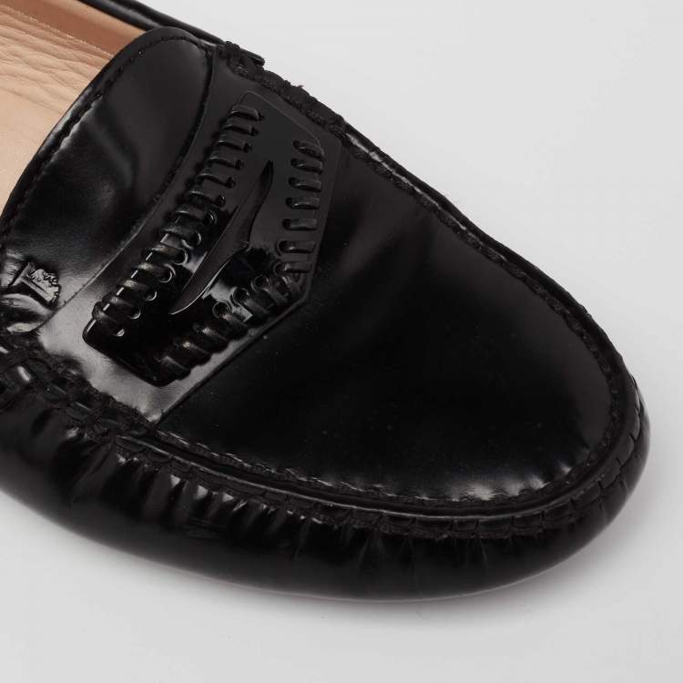 Pre Owned Tod's Black Glossy Leather Whip Stitch Detail Penny Loafers Size 36