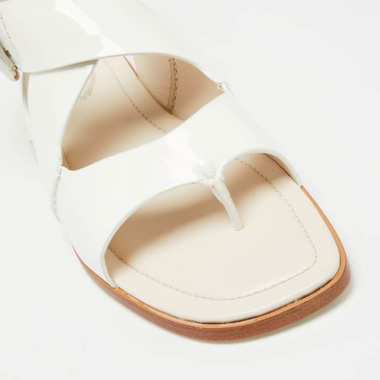 Pre Owned Tod's White Patent Leather Cross Buckle Anklet Strap Flat Sandals Size 36.5 