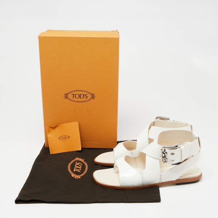 Pre Owned Tod's White Patent Leather Cross Buckle Anklet Strap Flat Sandals Size 36.5 