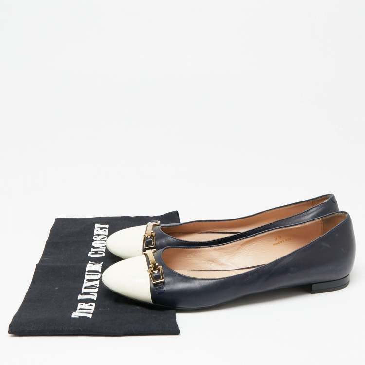 Pre Owned Tod's  Navy Blue/Cream Patent And Leather Ballet Flats Size 39
