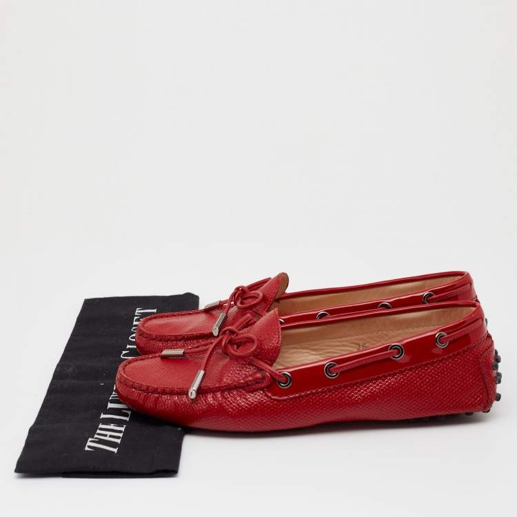 Pre Owned Tod's Red Patent Bow Slip On Loafers Size 36