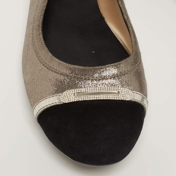 Pre Owned Tod's Silver/Black Nubuck Leather And Suede Cap Toe Ballet Flats Size 38.5