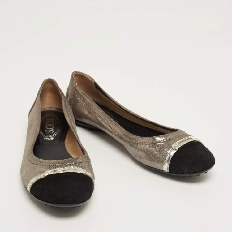 Pre Owned Tod's Silver/Black Nubuck Leather And Suede Cap Toe Ballet Flats Size 38.5
