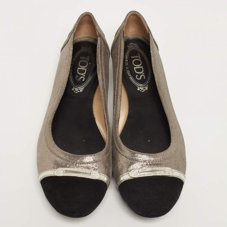 Pre Owned Tod's Silver/Black Nubuck Leather And Suede Cap Toe Ballet Flats Size 38.5