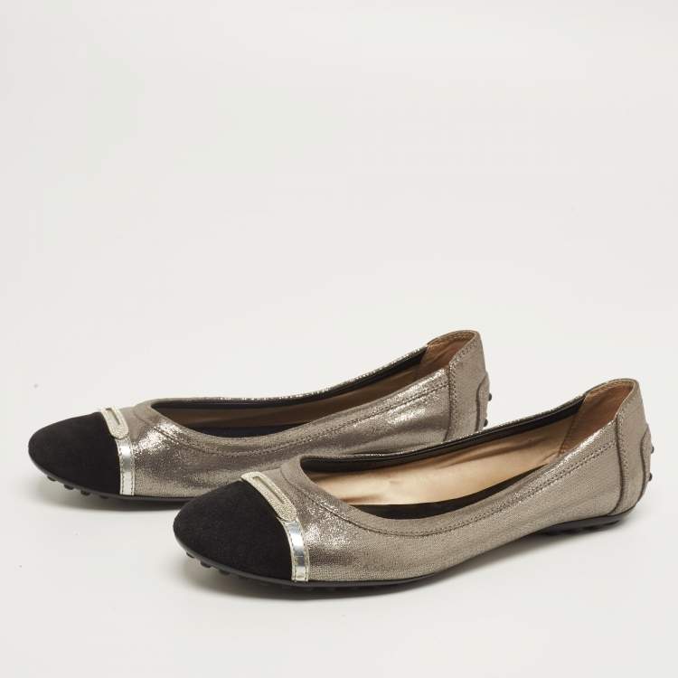 Pre Owned Tod's Silver/Black Nubuck Leather And Suede Cap Toe Ballet Flats Size 38.5