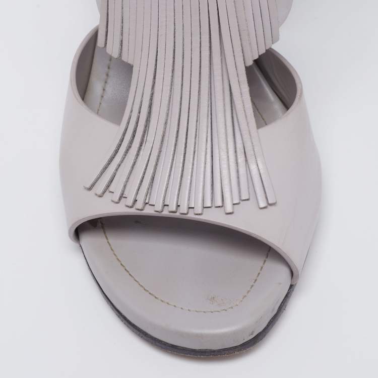 Pre Owned Tod's Grey Leather Fringe Detail Ankle Strap Sandals Size 37
