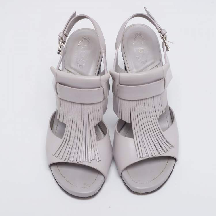 Pre Owned Tod's Grey Leather Fringe Detail Ankle Strap Sandals Size 37