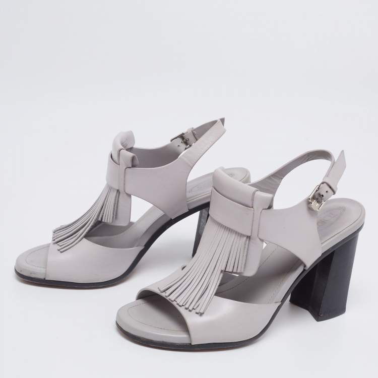 Pre Owned Tod's Grey Leather Fringe Detail Ankle Strap Sandals Size 37