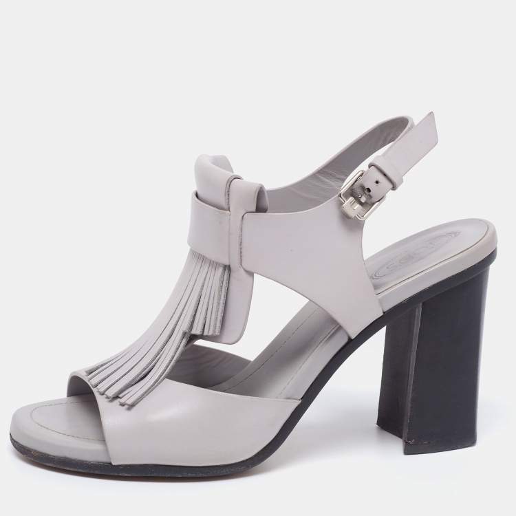 Pre Owned Tod's Grey Leather Fringe Detail Ankle Strap Sandals Size 37