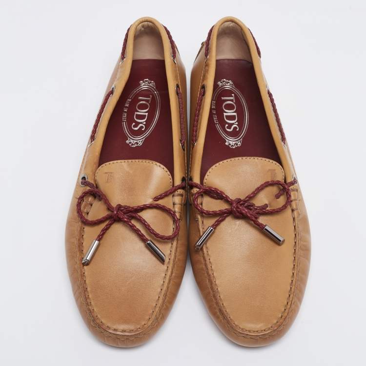 Pre Owned Tod's Tan Leather Bow Driving Loafers Size 41