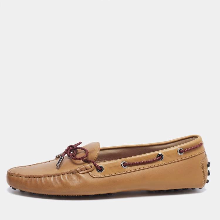 Pre Owned Tod's Tan Leather Bow Driving Loafers Size 41