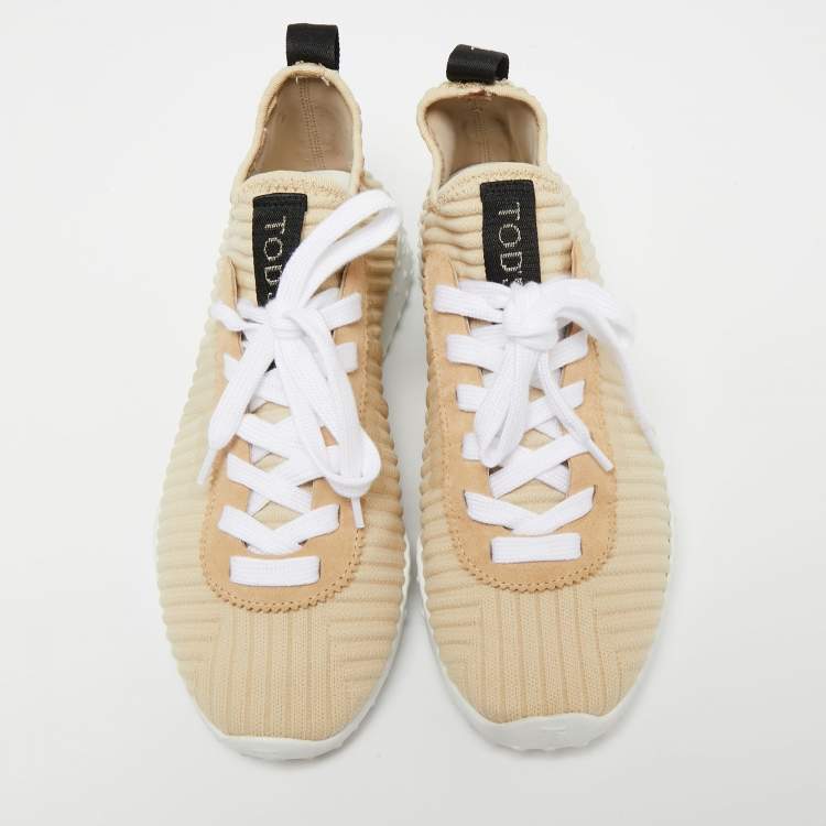 Pre Owned Tod's Beige/Black Canvas Lace Up Sneakers Size 36.5