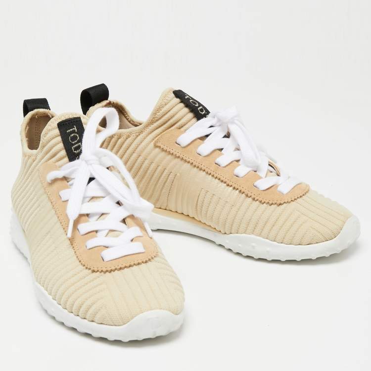 Pre Owned Tod's Beige/Black Canvas Lace Up Sneakers Size 36.5