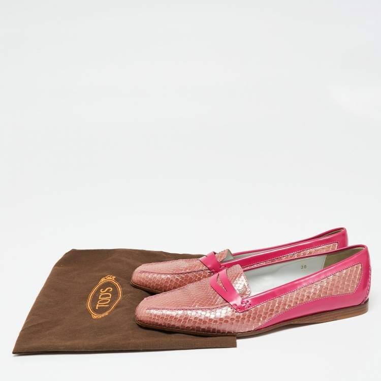 Pre Owned Tod's Hot Pink/Baby Pink Patent and Snakeskin Leather Penny Loafers Size 38