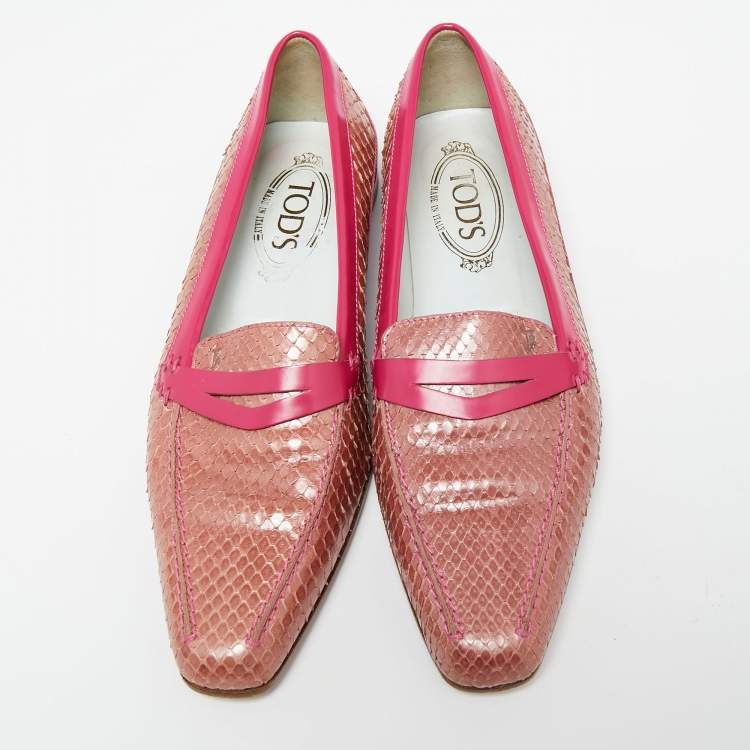 Pre Owned Tod's Hot Pink/Baby Pink Patent and Snakeskin Leather Penny Loafers Size 38