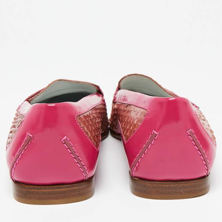 Pre Owned Tod's Hot Pink/Baby Pink Patent and Snakeskin Leather Penny Loafers Size 38