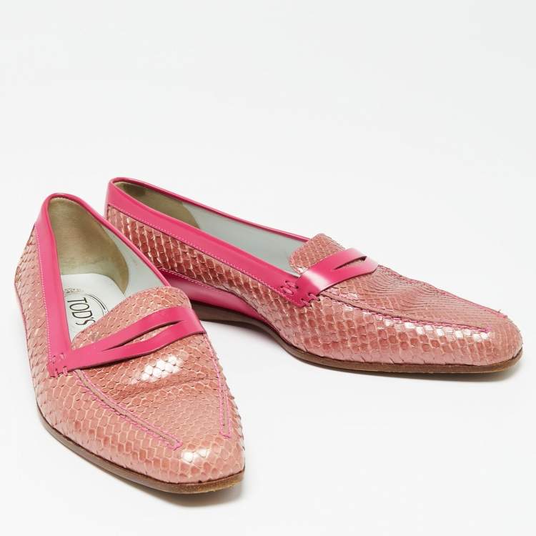 Pre Owned Tod's Hot Pink/Baby Pink Patent and Snakeskin Leather Penny Loafers Size 38