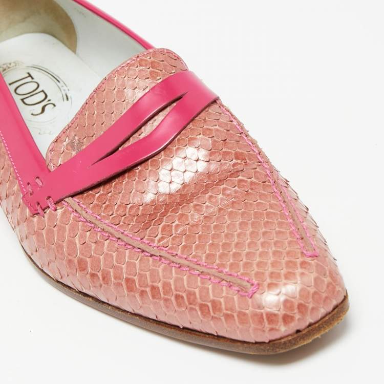 Pre Owned Tod's Hot Pink/Baby Pink Patent and Snakeskin Leather Penny Loafers Size 38