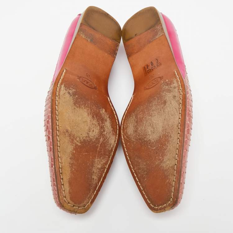 Pre Owned Tod's Hot Pink/Baby Pink Patent and Snakeskin Leather Penny Loafers Size 38