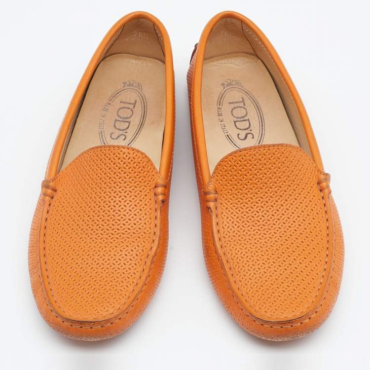 Pre Owned Tod's Orange Perforated Leather Slip On Loafers Size 36.5