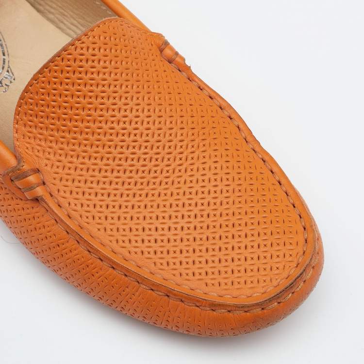 Pre Owned Tod's Orange Perforated Leather Slip On Loafers Size 36.5
