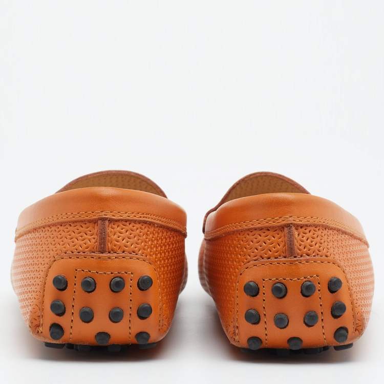 Pre Owned Tod's Orange Perforated Leather Slip On Loafers Size 36.5