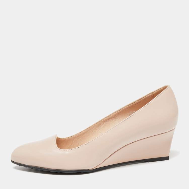 Pre Owned Tod's Poudre Beige Glossy Leather Wedge Pumps Size 36.5